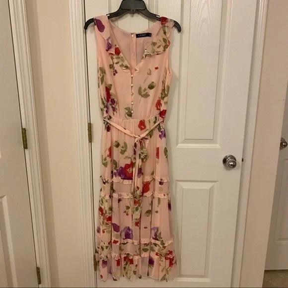 Lauren Ralph Lauren Floral Crinkled Georgette Dress in Pink/Sage/Multi - Picture 5 of 12